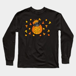 Cartoon Halloween Cat in Jack o Lantern Pumpkin with Fall Leaves on a Purple Backdrop, made by EndlessEmporium Long Sleeve T-Shirt